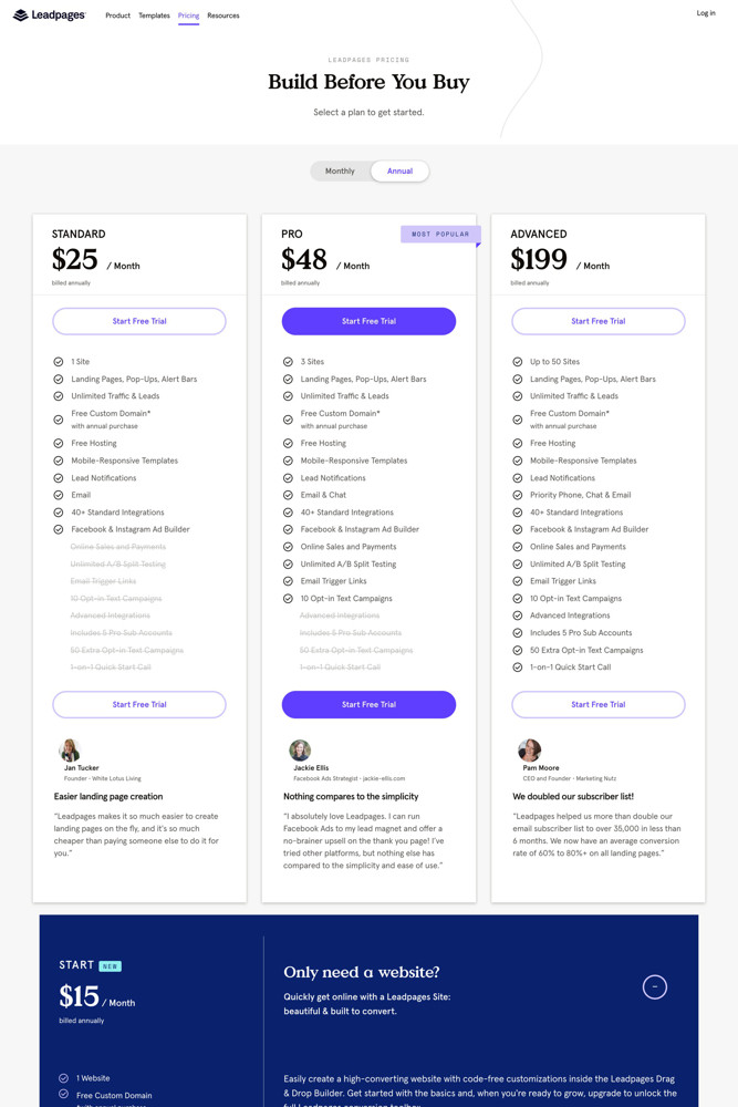 Leadpages Pricing screenshot