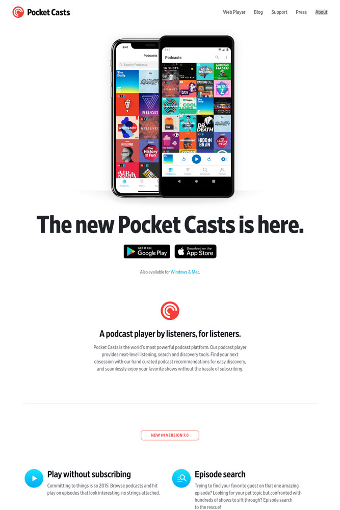 Pocket Casts Landing page screenshot