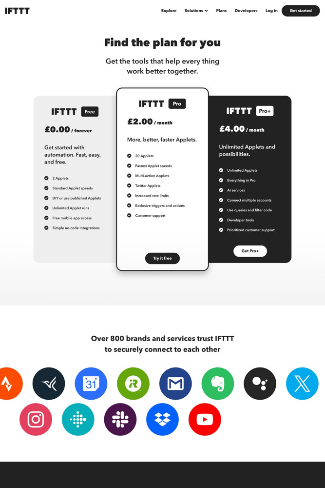 IFTTT Pricing screenshot