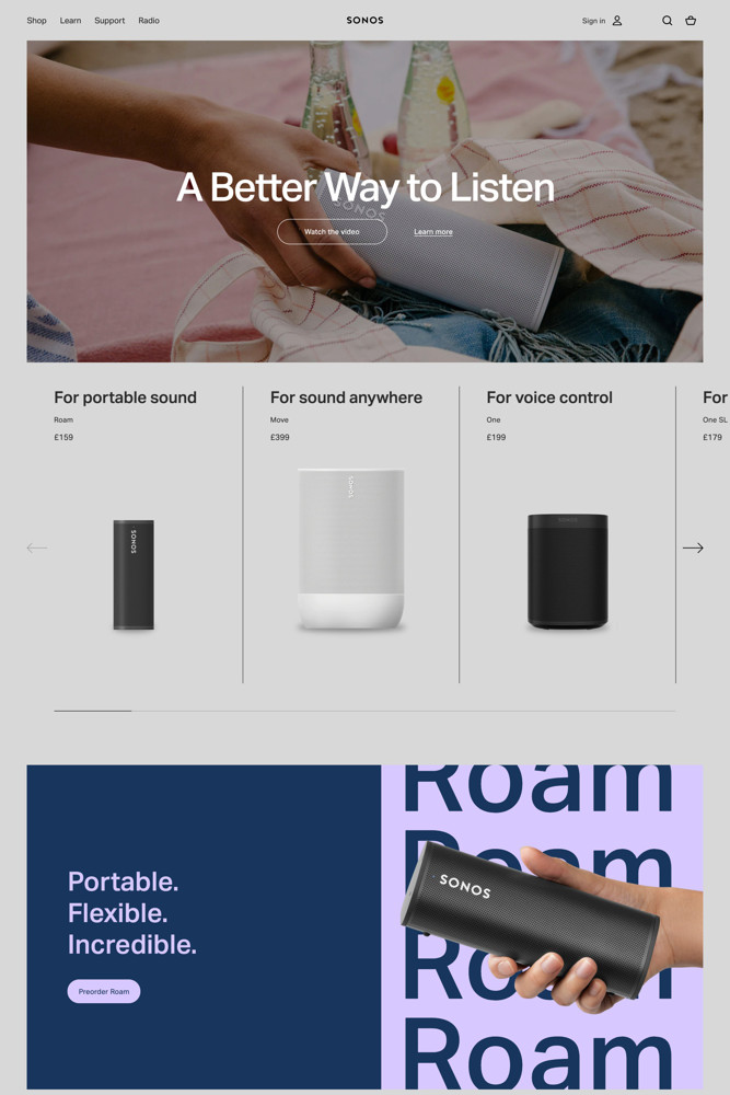 Sonos Landing page screenshot