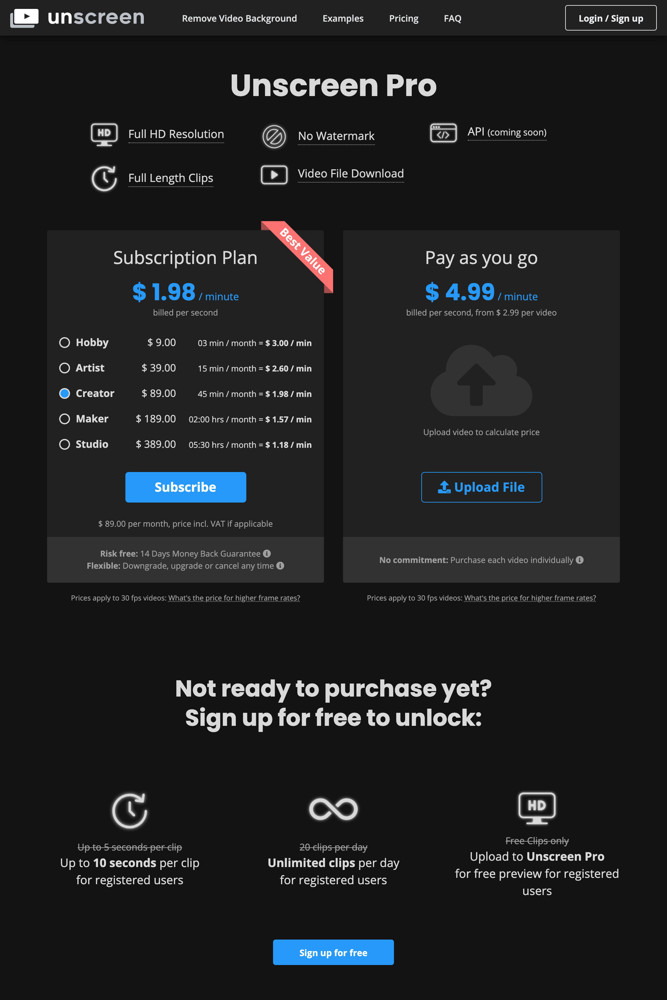 Unscreen Pricing screenshot
